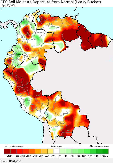 Northern South America CPC Soil Moisture Departure from Normal (Leaky Bucket) Thematic Map For 4/26/2024 - 4/30/2024