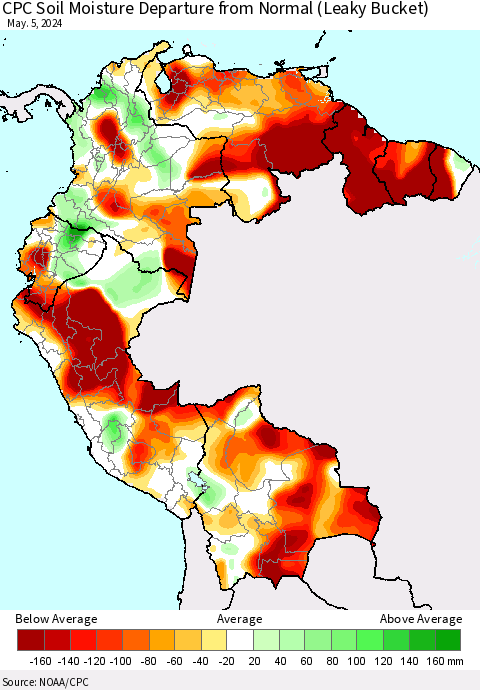 Northern South America CPC Soil Moisture Departure from Normal (Leaky Bucket) Thematic Map For 5/1/2024 - 5/5/2024