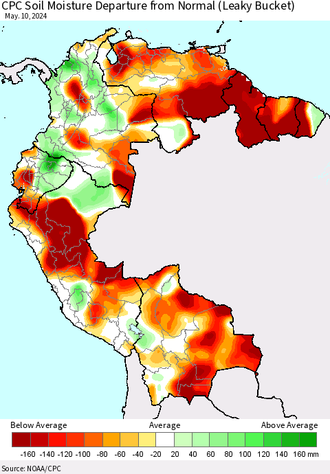 Northern South America CPC Soil Moisture Departure from Normal (Leaky Bucket) Thematic Map For 5/6/2024 - 5/10/2024
