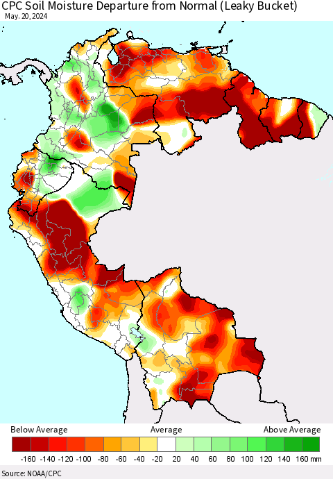 Northern South America CPC Soil Moisture Departure from Normal (Leaky Bucket) Thematic Map For 5/16/2024 - 5/20/2024