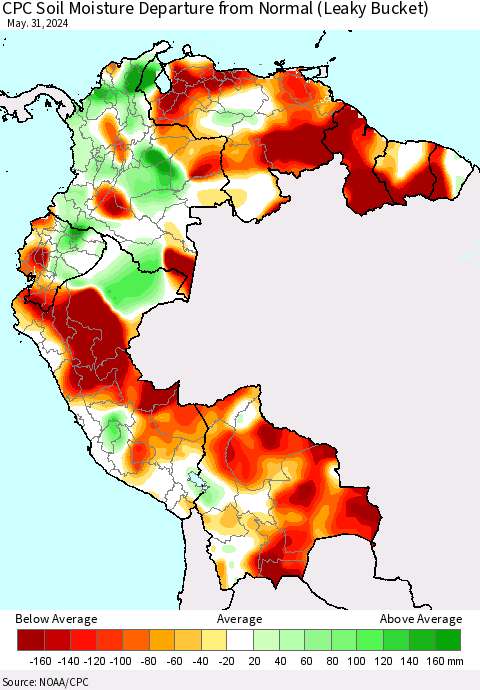 Northern South America CPC Soil Moisture Departure from Normal (Leaky Bucket) Thematic Map For 5/26/2024 - 5/31/2024