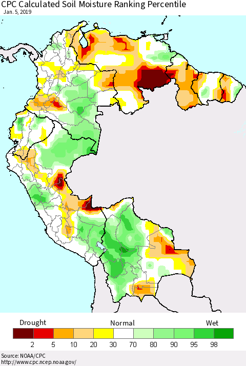 Northern South America CPC Soil Moisture Ranking Percentile (Leaky Bucket) Thematic Map For 1/1/2019 - 1/5/2019