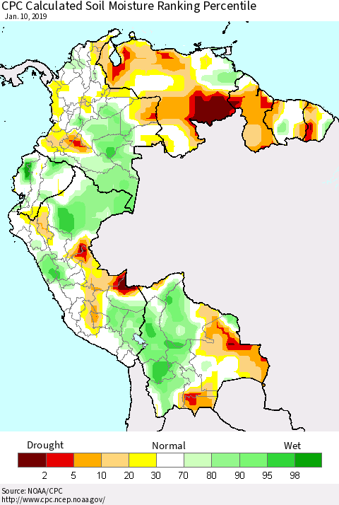 Northern South America CPC Soil Moisture Ranking Percentile (Leaky Bucket) Thematic Map For 1/6/2019 - 1/10/2019