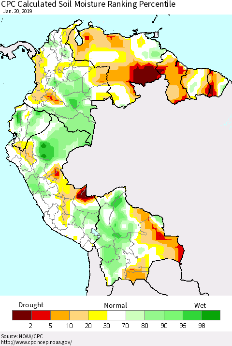 Northern South America CPC Soil Moisture Ranking Percentile (Leaky Bucket) Thematic Map For 1/16/2019 - 1/20/2019