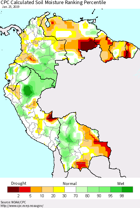 Northern South America CPC Calculated Soil Moisture Ranking Percentile Thematic Map For 1/21/2019 - 1/25/2019