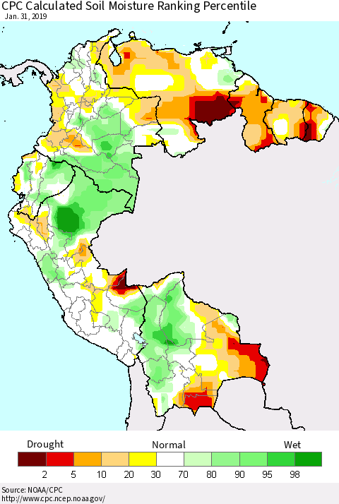 Northern South America CPC Calculated Soil Moisture Ranking Percentile Thematic Map For 1/26/2019 - 1/31/2019