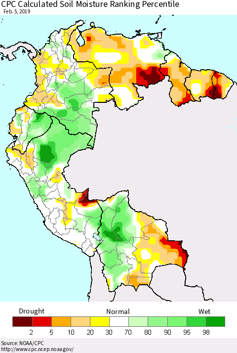 Northern South America CPC Calculated Soil Moisture Ranking Percentile Thematic Map For 2/1/2019 - 2/5/2019