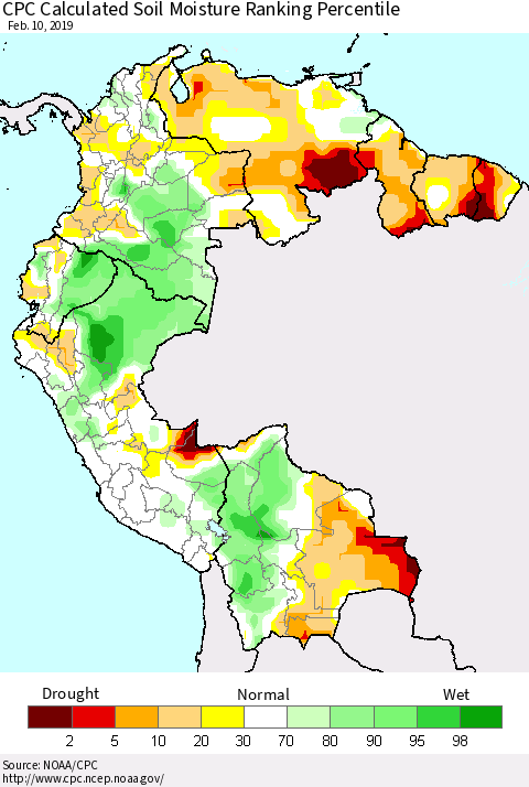 Northern South America CPC Calculated Soil Moisture Ranking Percentile Thematic Map For 2/6/2019 - 2/10/2019