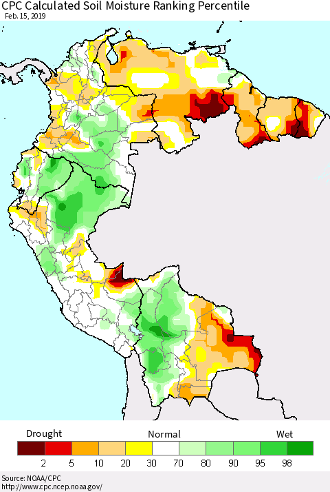 Northern South America CPC Calculated Soil Moisture Ranking Percentile Thematic Map For 2/11/2019 - 2/15/2019