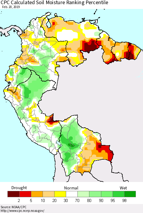 Northern South America CPC Calculated Soil Moisture Ranking Percentile Thematic Map For 2/16/2019 - 2/20/2019