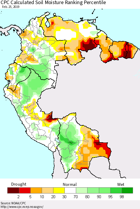 Northern South America CPC Calculated Soil Moisture Ranking Percentile Thematic Map For 2/21/2019 - 2/25/2019
