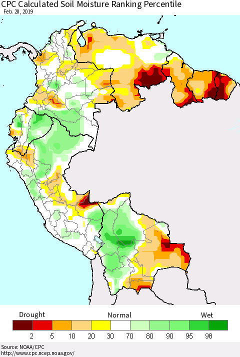 Northern South America CPC Soil Moisture Ranking Percentile (Leaky Bucket) Thematic Map For 2/26/2019 - 2/28/2019