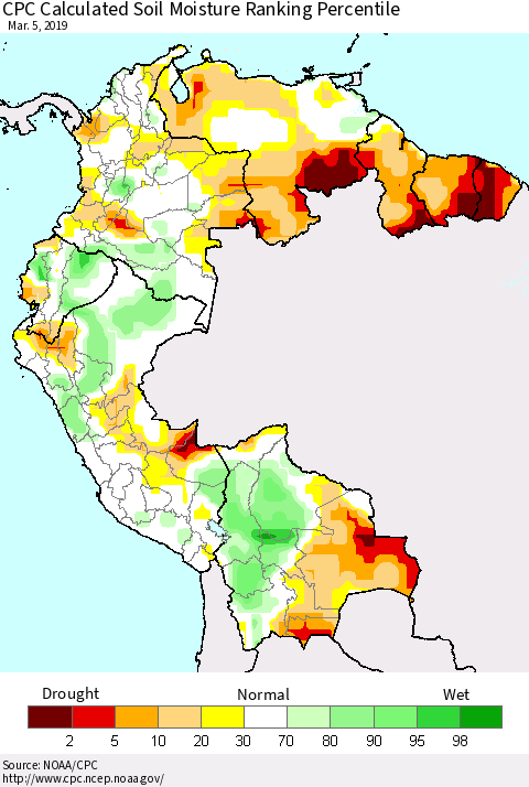 Northern South America CPC Soil Moisture Ranking Percentile (Leaky Bucket) Thematic Map For 3/1/2019 - 3/5/2019
