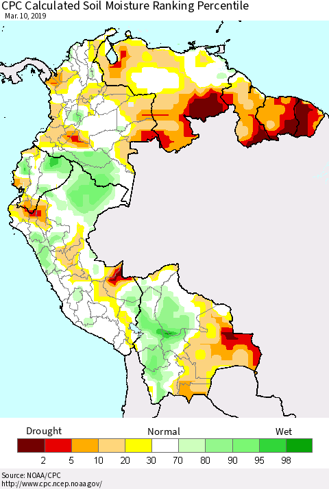 Northern South America CPC Calculated Soil Moisture Ranking Percentile Thematic Map For 3/6/2019 - 3/10/2019