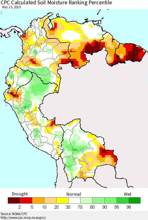 Northern South America CPC Soil Moisture Ranking Percentile (Leaky Bucket) Thematic Map For 3/11/2019 - 3/15/2019