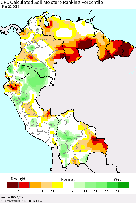 Northern South America CPC Soil Moisture Ranking Percentile (Leaky Bucket) Thematic Map For 3/16/2019 - 3/20/2019