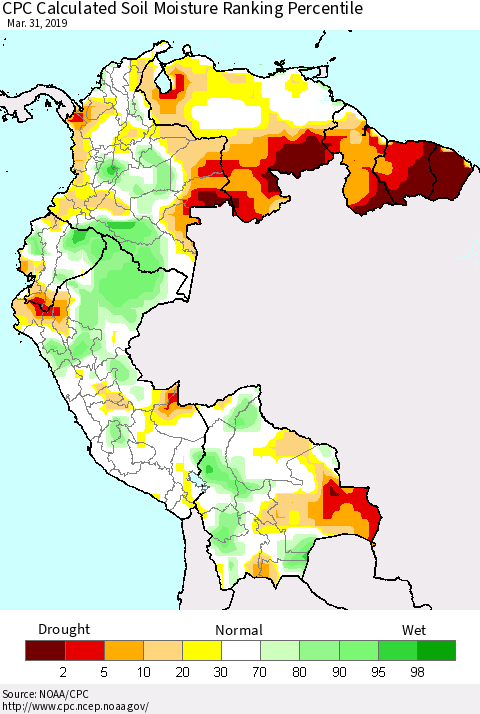 Northern South America CPC Calculated Soil Moisture Ranking Percentile Thematic Map For 3/26/2019 - 3/31/2019