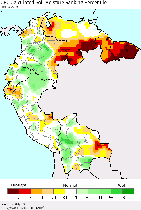 Northern South America CPC Calculated Soil Moisture Ranking Percentile Thematic Map For 4/1/2019 - 4/5/2019