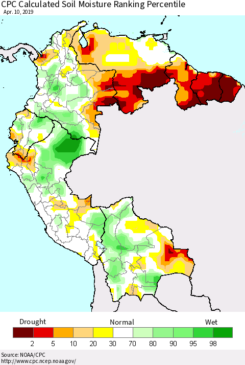 Northern South America CPC Calculated Soil Moisture Ranking Percentile Thematic Map For 4/6/2019 - 4/10/2019