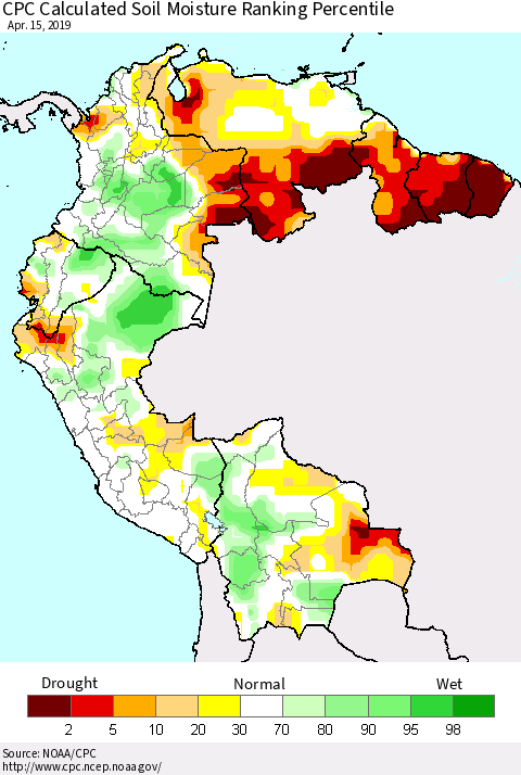 Northern South America CPC Calculated Soil Moisture Ranking Percentile Thematic Map For 4/11/2019 - 4/15/2019
