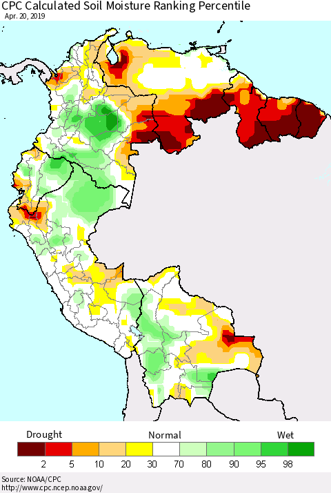 Northern South America CPC Calculated Soil Moisture Ranking Percentile Thematic Map For 4/16/2019 - 4/20/2019