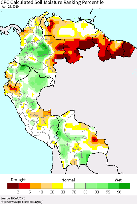Northern South America CPC Calculated Soil Moisture Ranking Percentile Thematic Map For 4/21/2019 - 4/25/2019