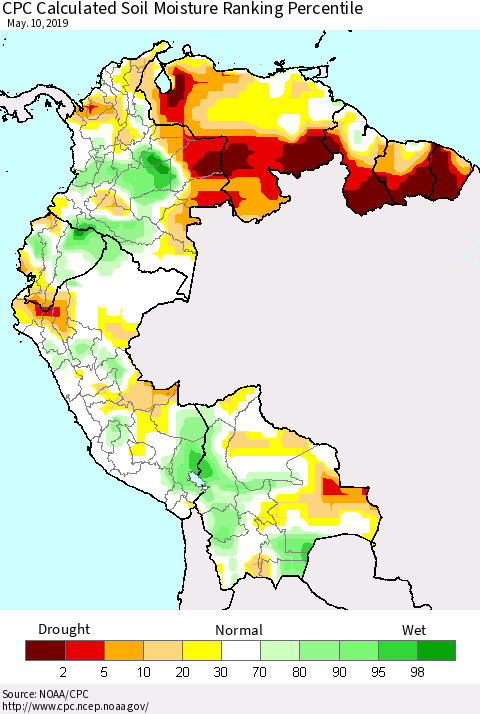 Northern South America CPC Soil Moisture Ranking Percentile (Leaky Bucket) Thematic Map For 5/6/2019 - 5/10/2019