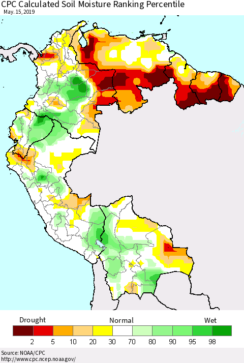 Northern South America CPC Soil Moisture Ranking Percentile (Leaky Bucket) Thematic Map For 5/11/2019 - 5/15/2019