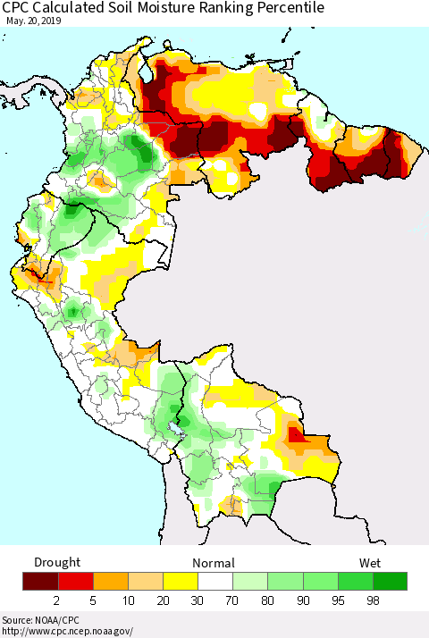 Northern South America CPC Soil Moisture Ranking Percentile (Leaky Bucket) Thematic Map For 5/16/2019 - 5/20/2019