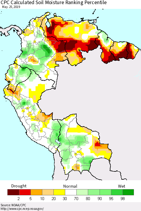 Northern South America CPC Soil Moisture Ranking Percentile (Leaky Bucket) Thematic Map For 5/21/2019 - 5/25/2019
