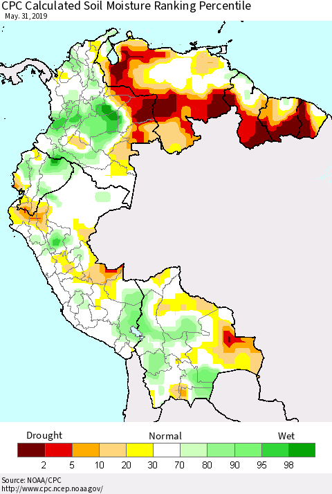 Northern South America CPC Soil Moisture Ranking Percentile (Leaky Bucket) Thematic Map For 5/26/2019 - 5/31/2019