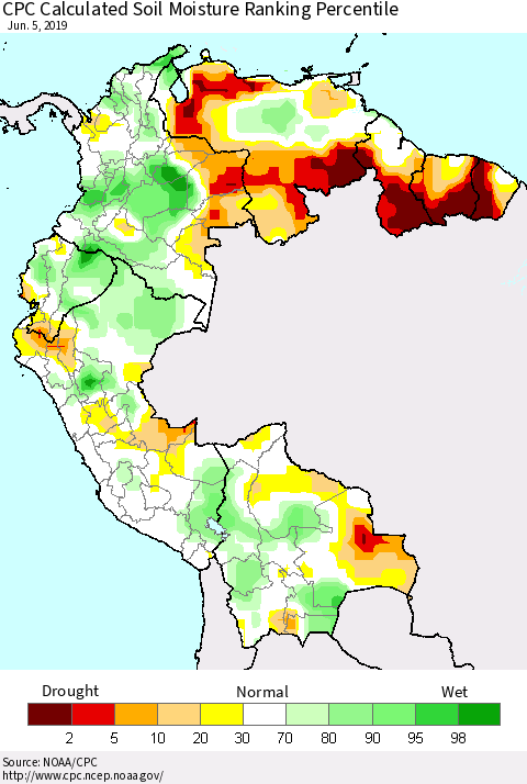 Northern South America CPC Soil Moisture Ranking Percentile (Leaky Bucket) Thematic Map For 6/1/2019 - 6/5/2019