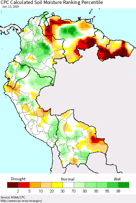 Northern South America CPC Soil Moisture Ranking Percentile (Leaky Bucket) Thematic Map For 6/11/2019 - 6/15/2019