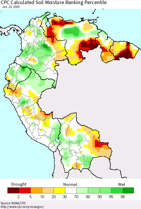 Northern South America CPC Soil Moisture Ranking Percentile (Leaky Bucket) Thematic Map For 6/21/2019 - 6/25/2019