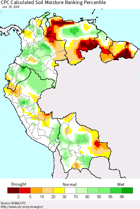 Northern South America CPC Soil Moisture Ranking Percentile (Leaky Bucket) Thematic Map For 6/26/2019 - 6/30/2019