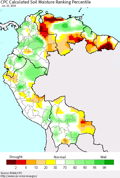 Northern South America CPC Soil Moisture Ranking Percentile (Leaky Bucket) Thematic Map For 7/6/2019 - 7/10/2019