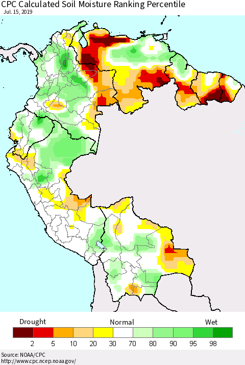 Northern South America CPC Soil Moisture Ranking Percentile (Leaky Bucket) Thematic Map For 7/11/2019 - 7/15/2019
