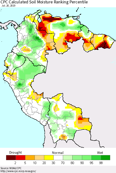 Northern South America CPC Soil Moisture Ranking Percentile (Leaky Bucket) Thematic Map For 7/16/2019 - 7/20/2019