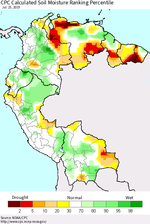 Northern South America CPC Soil Moisture Ranking Percentile (Leaky Bucket) Thematic Map For 7/21/2019 - 7/25/2019