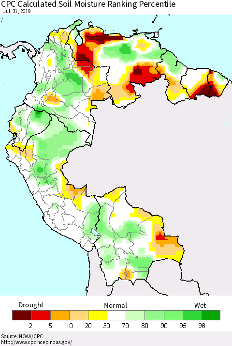 Northern South America CPC Soil Moisture Ranking Percentile (Leaky Bucket) Thematic Map For 7/26/2019 - 7/31/2019