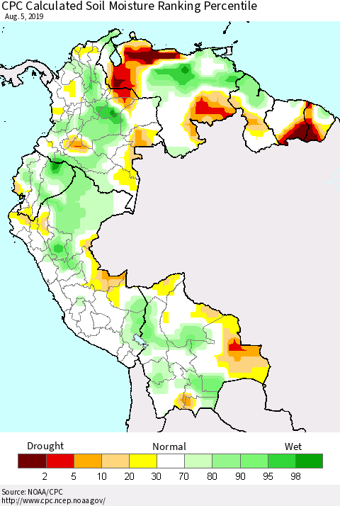 Northern South America CPC Soil Moisture Ranking Percentile (Leaky Bucket) Thematic Map For 8/1/2019 - 8/5/2019