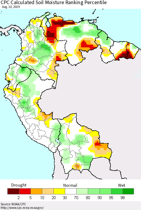 Northern South America CPC Soil Moisture Ranking Percentile (Leaky Bucket) Thematic Map For 8/6/2019 - 8/10/2019
