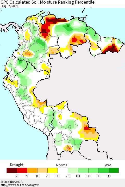 Northern South America CPC Soil Moisture Ranking Percentile (Leaky Bucket) Thematic Map For 8/11/2019 - 8/15/2019