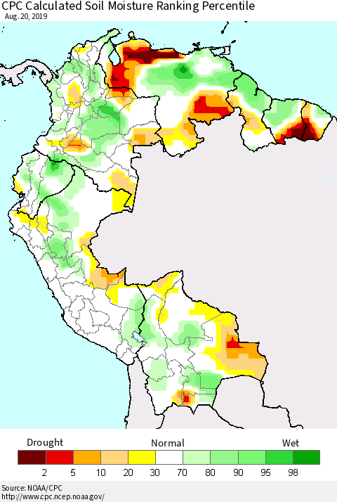 Northern South America CPC Soil Moisture Ranking Percentile (Leaky Bucket) Thematic Map For 8/16/2019 - 8/20/2019