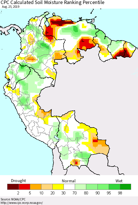 Northern South America CPC Soil Moisture Ranking Percentile (Leaky Bucket) Thematic Map For 8/21/2019 - 8/25/2019