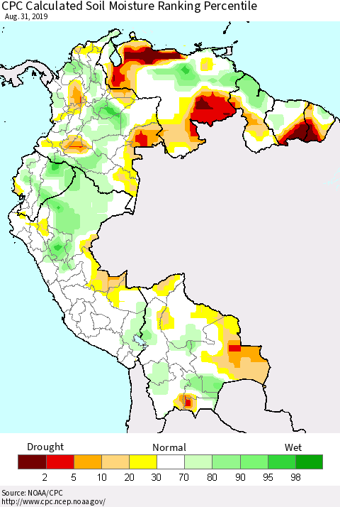 Northern South America CPC Soil Moisture Ranking Percentile (Leaky Bucket) Thematic Map For 8/26/2019 - 8/31/2019