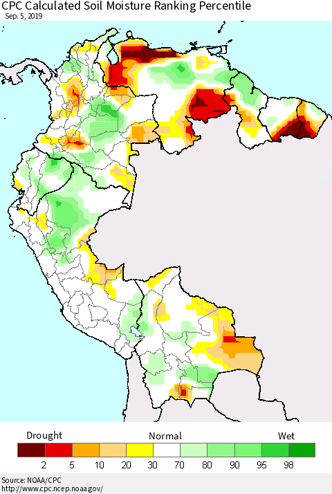 Northern South America CPC Soil Moisture Ranking Percentile (Leaky Bucket) Thematic Map For 9/1/2019 - 9/5/2019