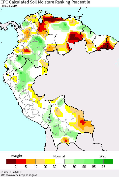 Northern South America CPC Soil Moisture Ranking Percentile (Leaky Bucket) Thematic Map For 9/11/2019 - 9/15/2019