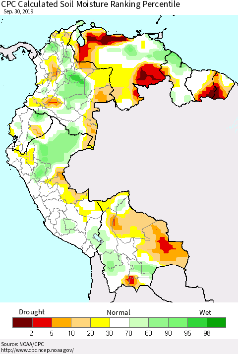 Northern South America CPC Soil Moisture Ranking Percentile (Leaky Bucket) Thematic Map For 9/26/2019 - 9/30/2019