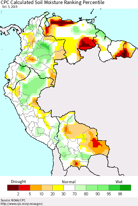 Northern South America CPC Soil Moisture Ranking Percentile (Leaky Bucket) Thematic Map For 10/1/2019 - 10/5/2019